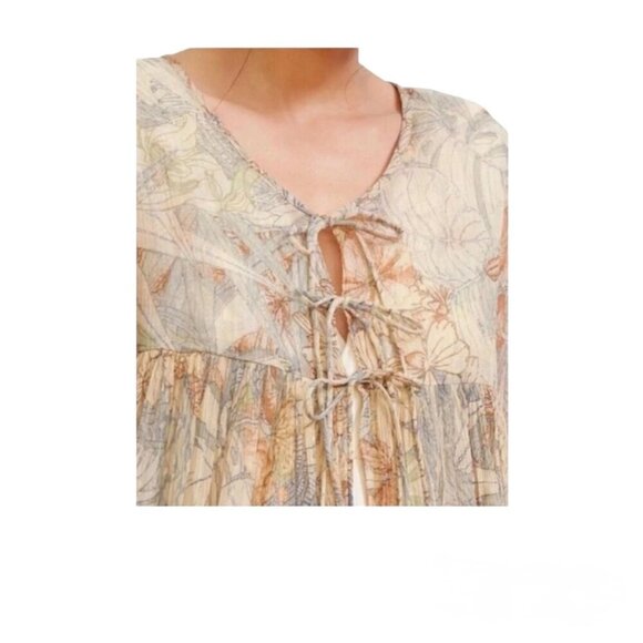 Mes Demoiselles Paris Sheer Palm Floral Metallic Peasant Boho Tie Front Top Sz 8 - Picture 2 of 7